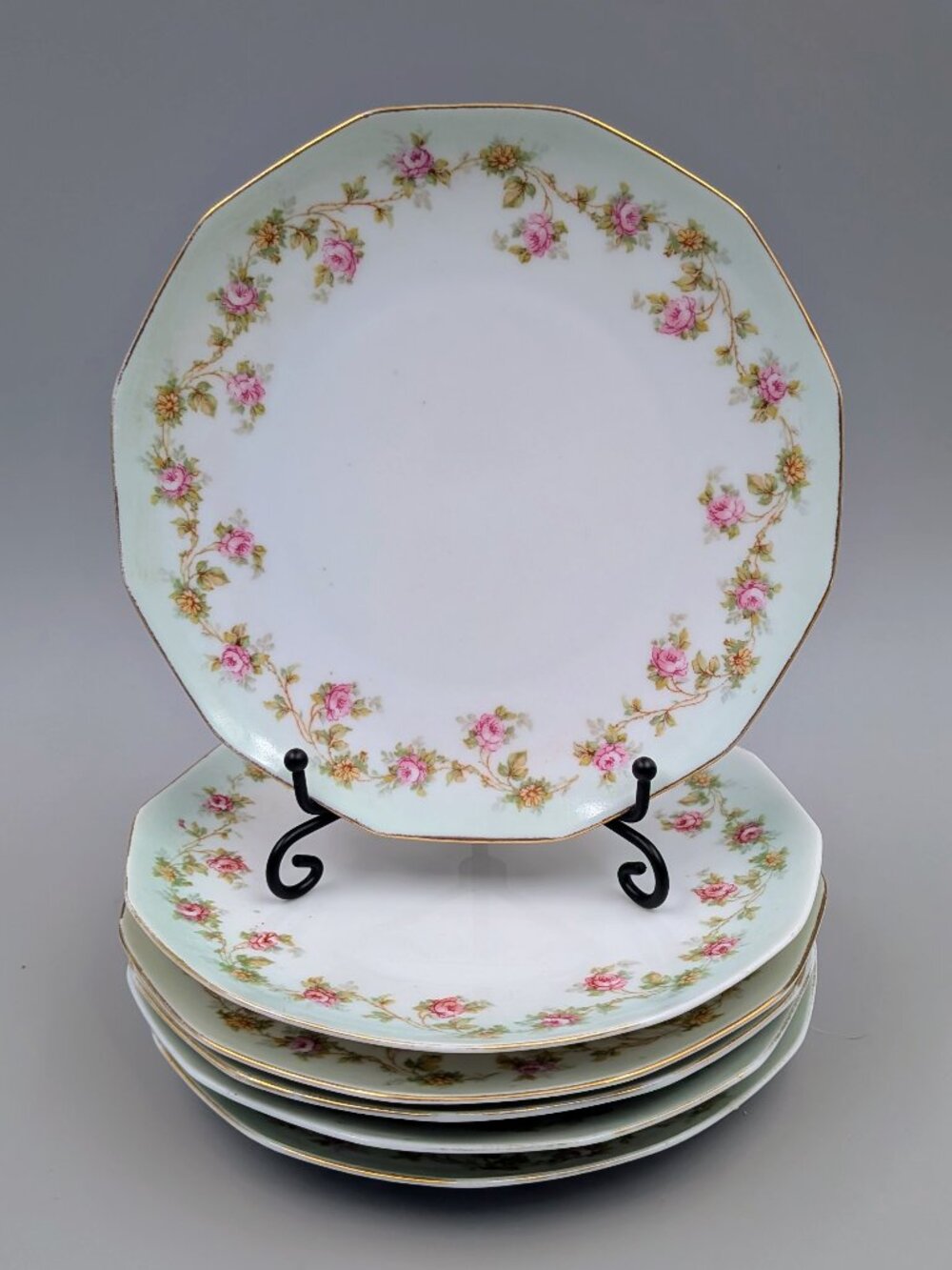 Antique MZ Austria Porcelain Plates Set of 6 - Pink Rose Garland & Green Rim